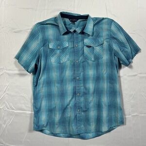 ROCAWEAR Short Sleeve Mens M Teal Blue Plaid Button Down Shirt Dual Pocket Vente